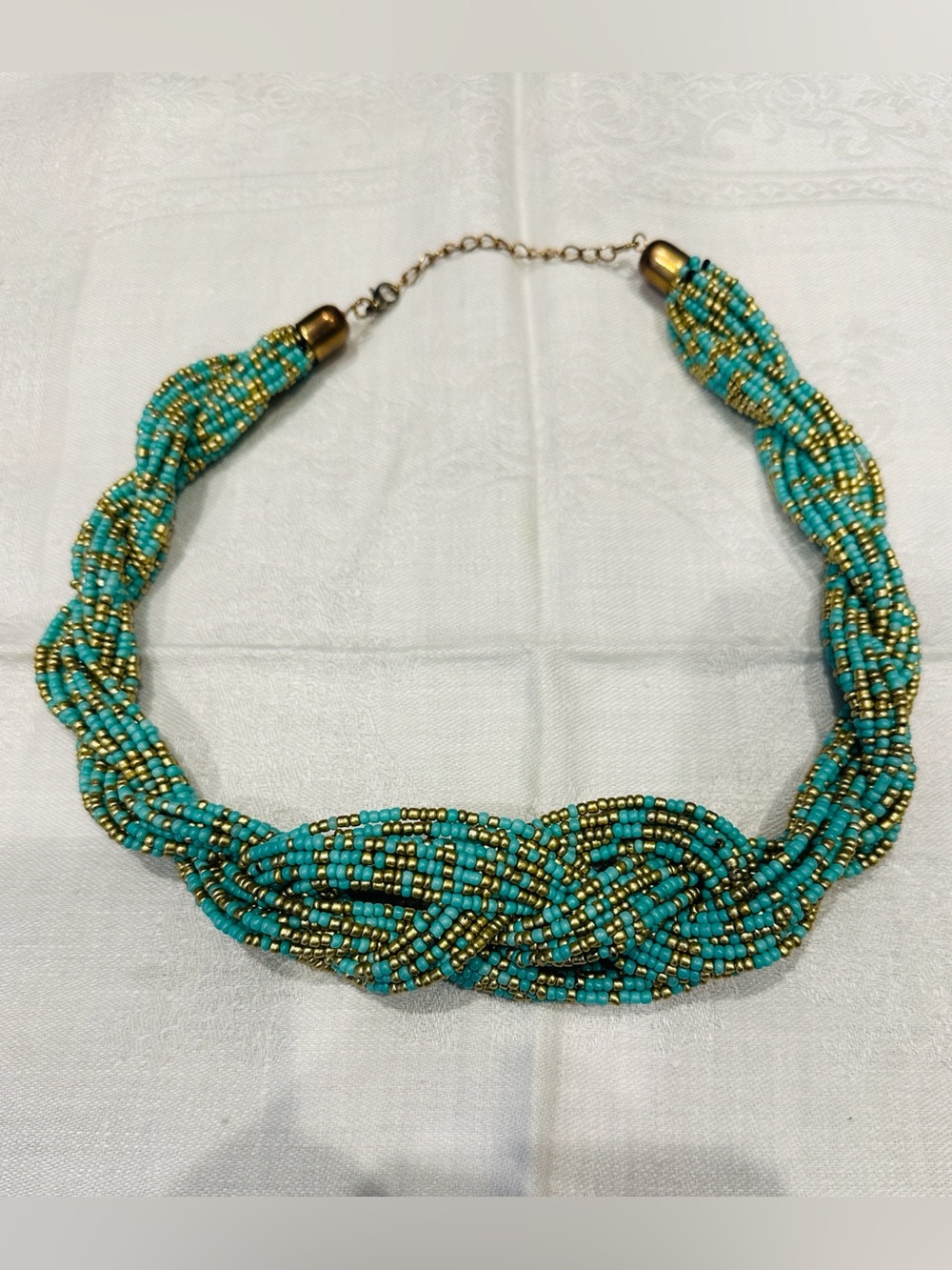 Vintage Turquoise & Gold Seed Beaded Braided Necklace Choker